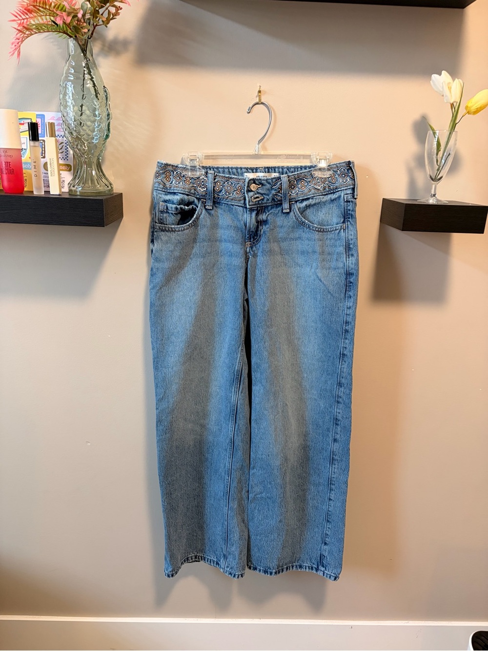 Hollister Light Blue Wide Leg Jeans with Embroidered Waist Low Rise